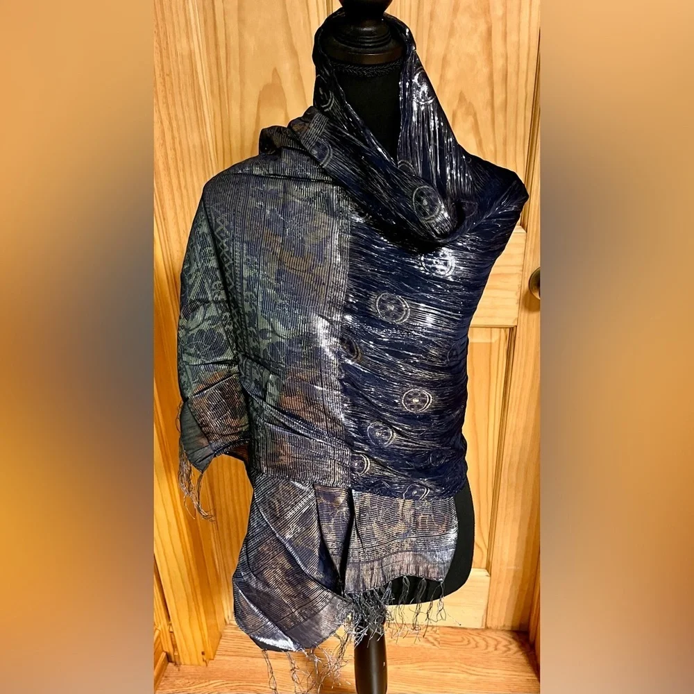 Vintage Navy Blue Silk Metallic Shimmer Scarf Wrap Evening Shawl Fringe Holiday